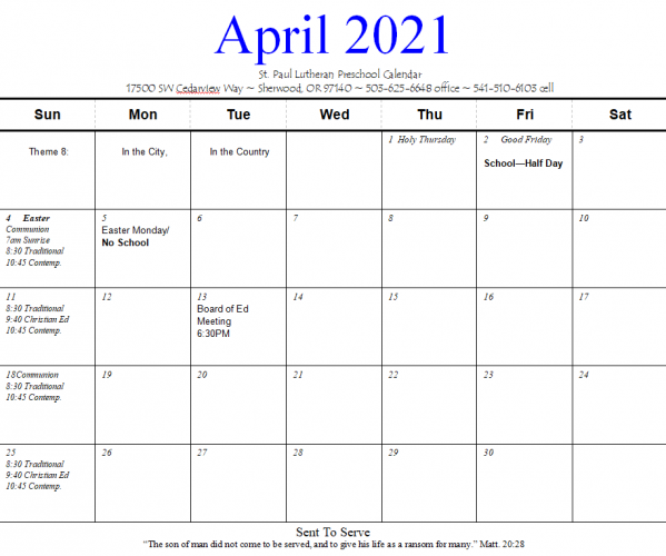 St Paul Preschool Calendar 20202021
