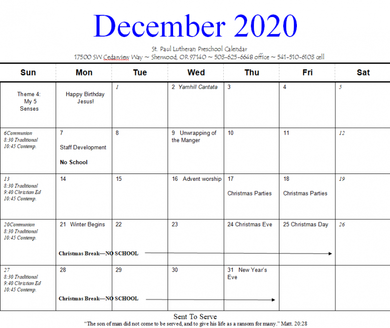 St Paul Preschool Calendar 20202021