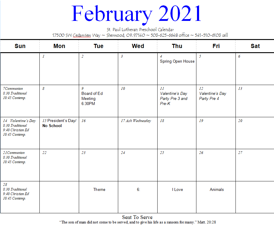 February Preschool Calendar
