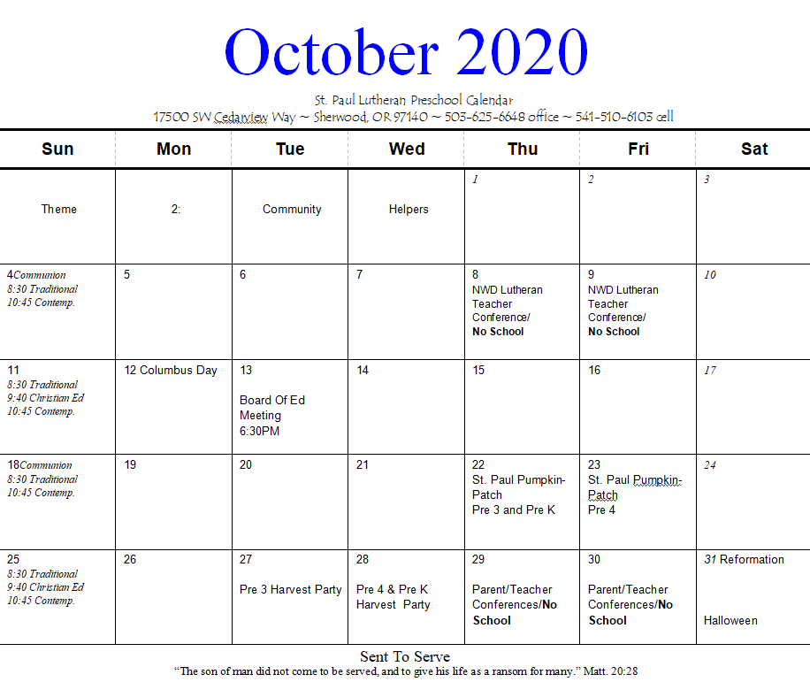 St Paul Preschool Calendar 20202021
