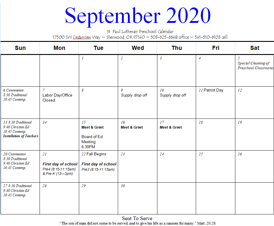 St Paul Preschool Calendar 20202021