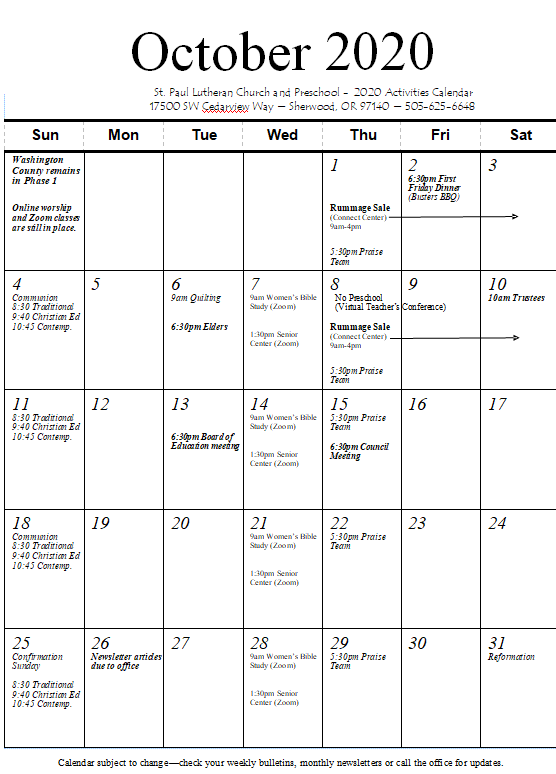 October 2020 Church Calendar