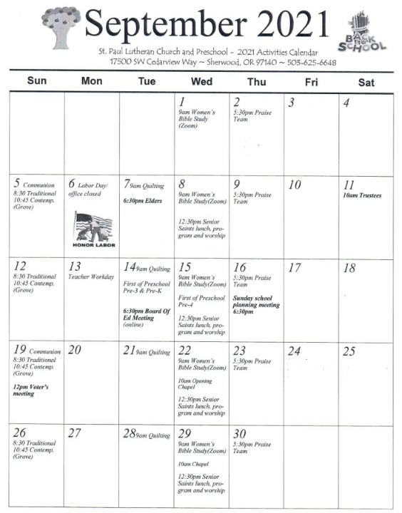 St Paul Church Calendar of Events